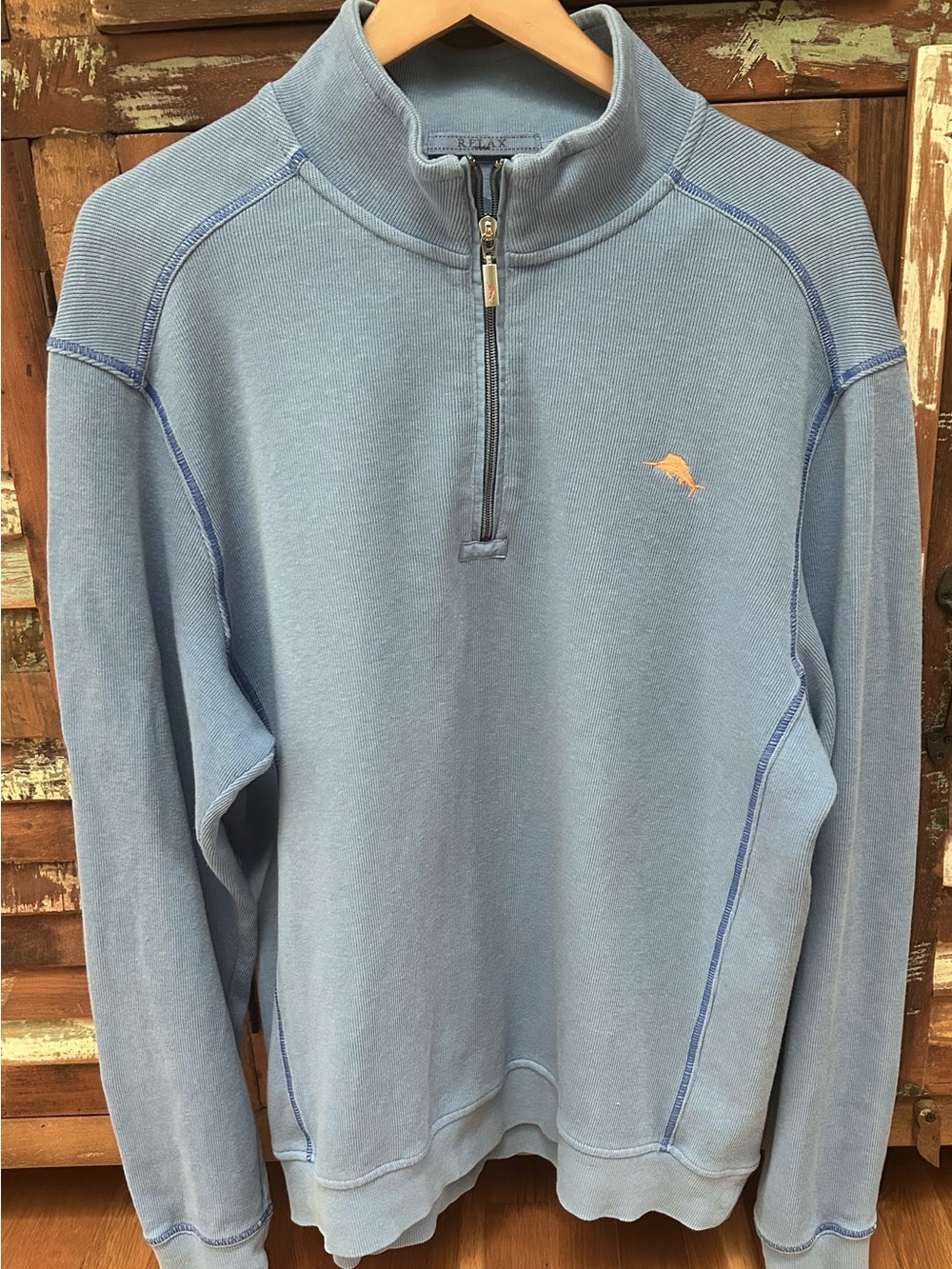 Tommy Bahama Light Blue Half-Zip Sweatshirt with Orange Marlin